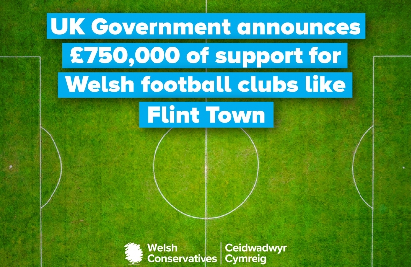 Image of a football pitch with the text 'UK Government annouces £750,000 of support for Welsh football clubs like Flint Town